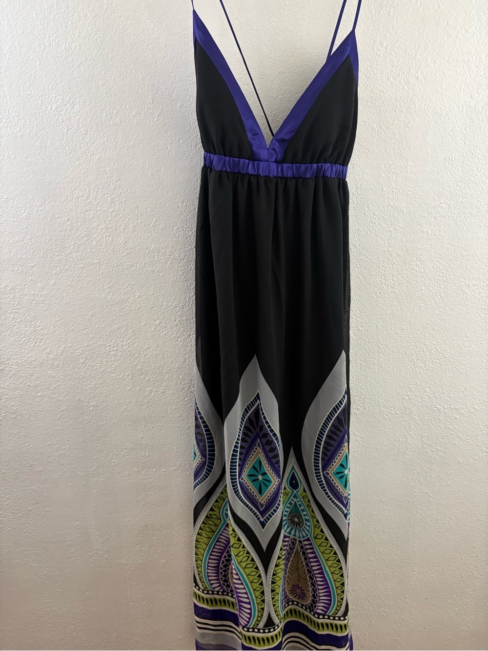 Snap boho geometric empire-waist maxi dress black sleeveless v neckline size M
